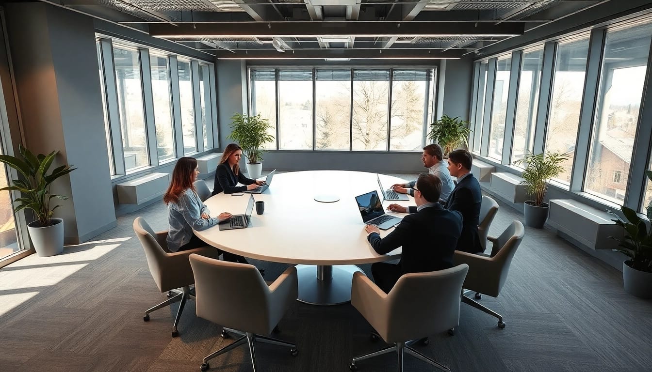 Headhunter Mühlheim: Modernes Bürointerior für effiziente Personalvermittlung, das Teamdiskussionen in einem professionellen Setting zeigt.