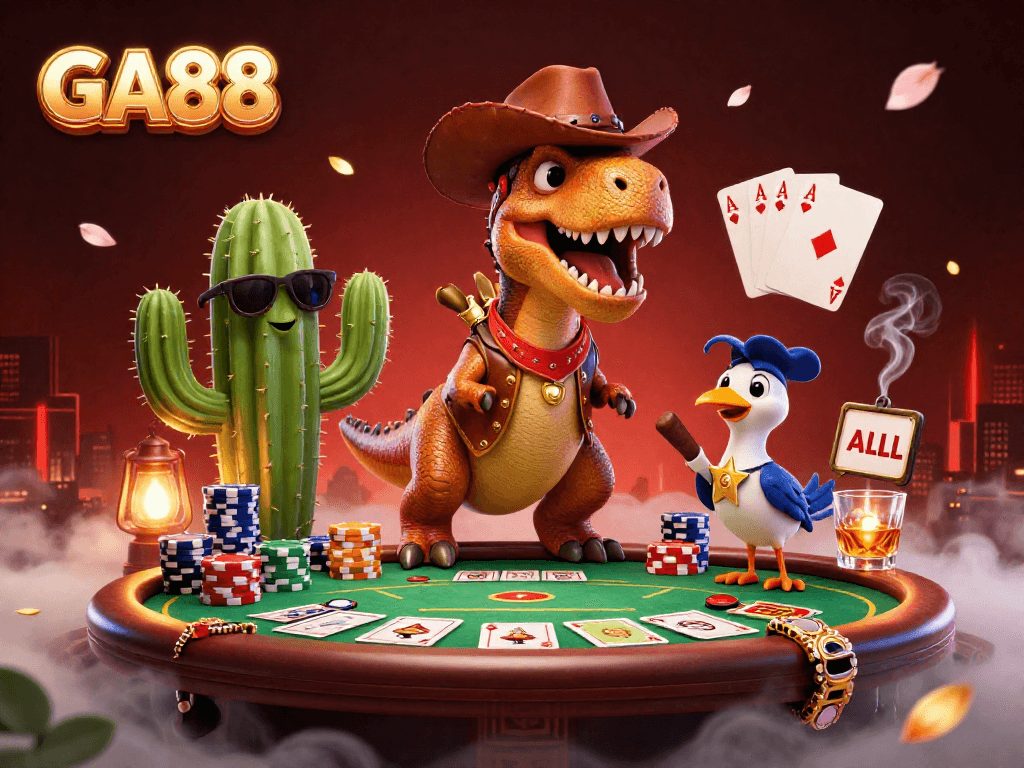 Engage in the thrilling world of GA88 poker with a 3D cartoon scene of a T-Rex and friends.