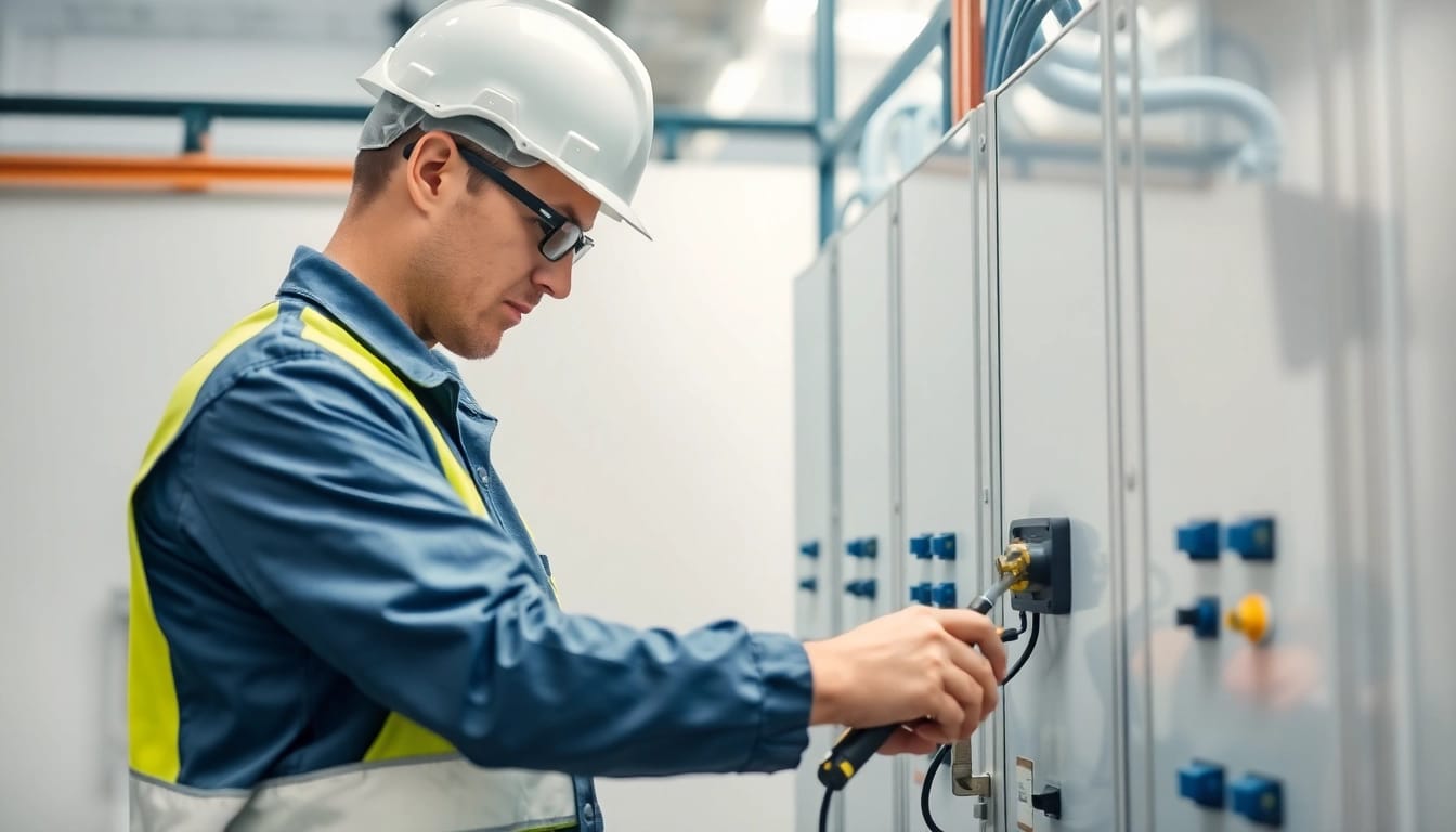 Electrician performing DGUV V3 Prüfung on electrical equipment in a modern setting, ensuring workplace safety.