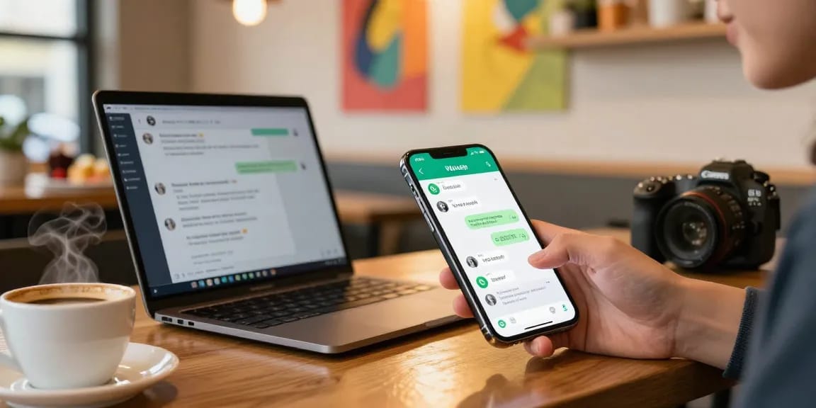 Using FM WhatsApp download interface on a smartphone in a cozy coffee shop.