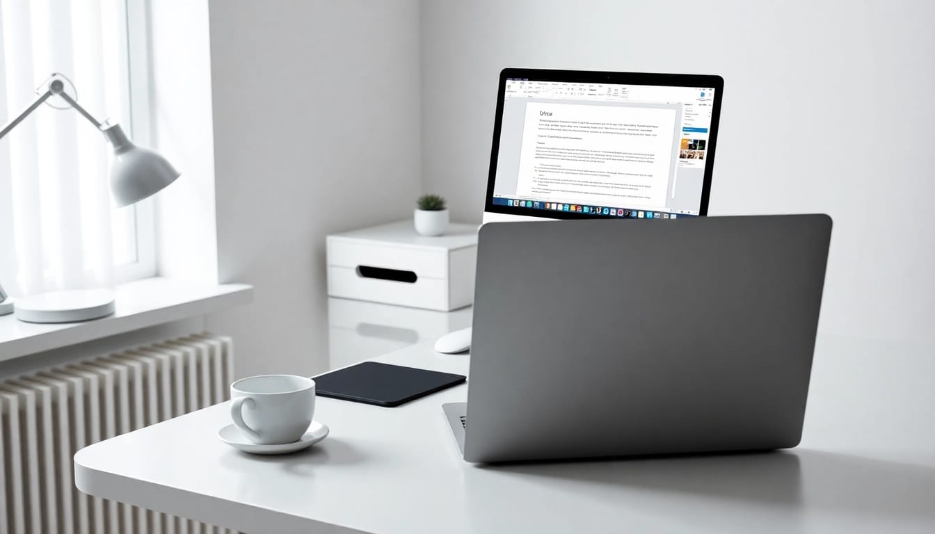 Arbeitsplatz mit Microsoft Office 2024 Mac Standard Edition auf einem MacBook, das Produktivität fordert.