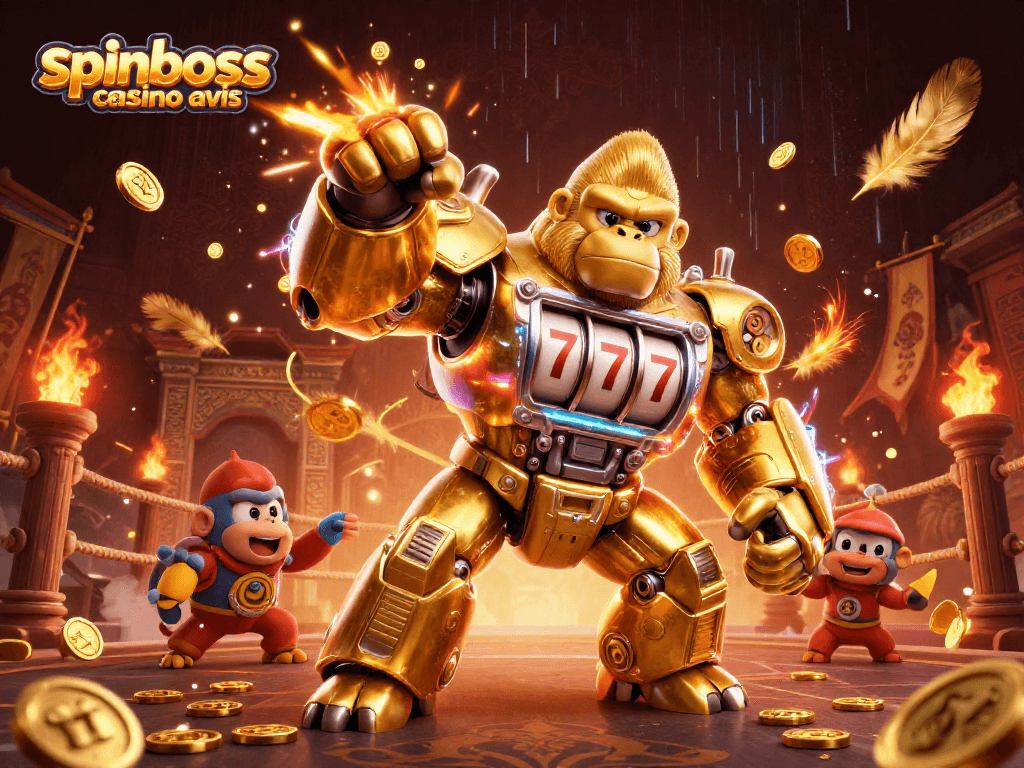 Spinboss casino avis : découvrez l'univers dynamique des casinos en ligne avec un gorilla mech jouant aux machines à sous.