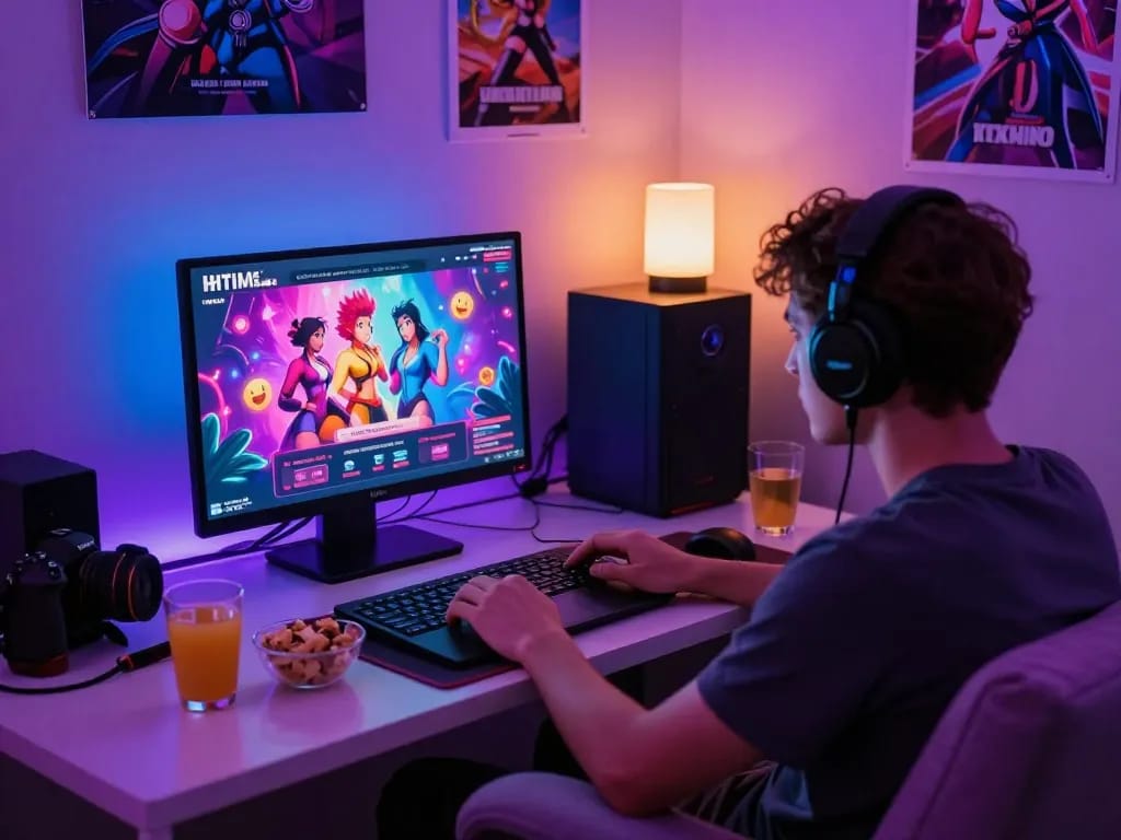 Player enjoying immersive html sex games in a cozy gaming room.