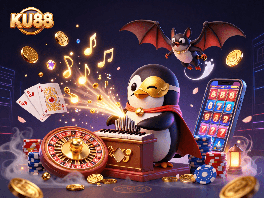 Experience excitement with KU88's 3D digital casino scene, showcasing vibrant characters and casino elements.