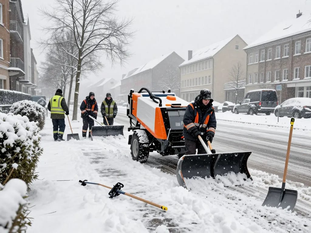 Räum- und Streudienst in Münster-Team, das effizient schneebedeckte Gehwege und Einfahrten räumt.