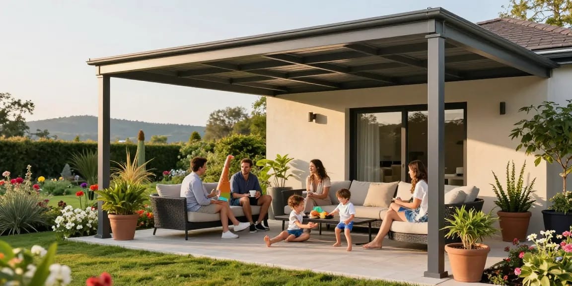 Moderne Terrassenüberdachung schafft einladende Familienatmosphäre im Garten