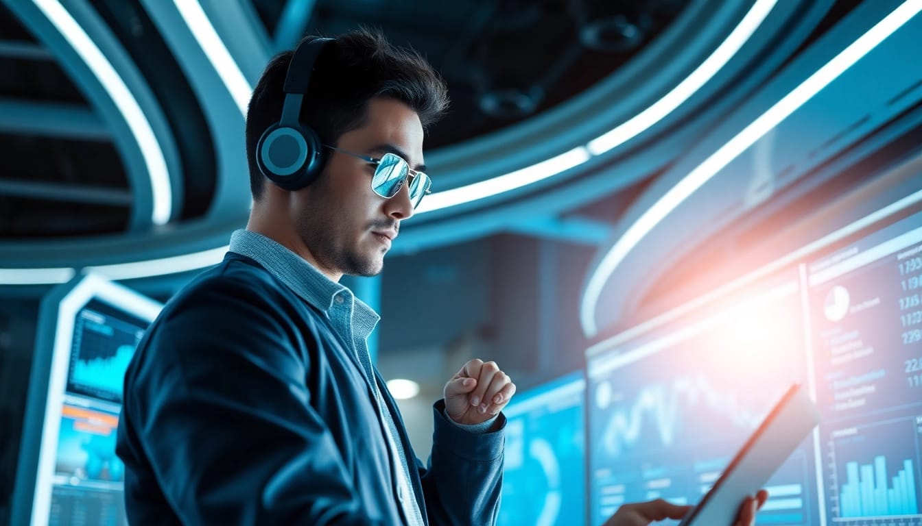 Evodrop Beobachter analysiert Daten in einem modernen, futuristischen Setting.