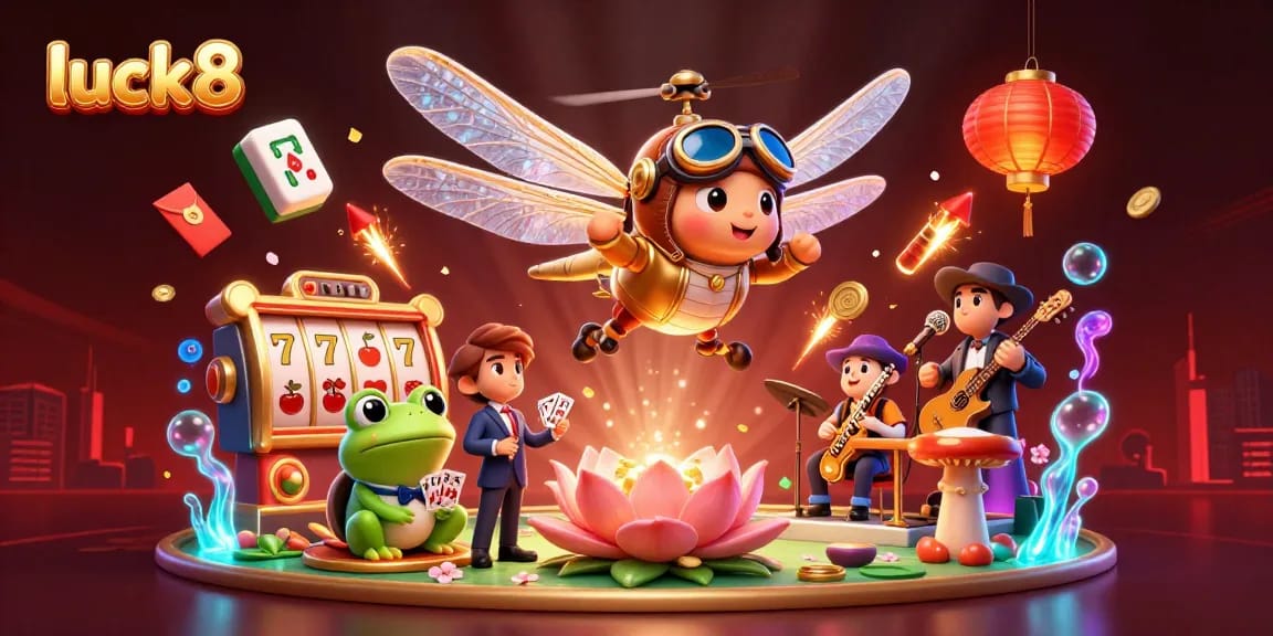 Engage with luck8 casino slots featuring a dynamic dragonfly pilot and frog croupier in vibrant scene