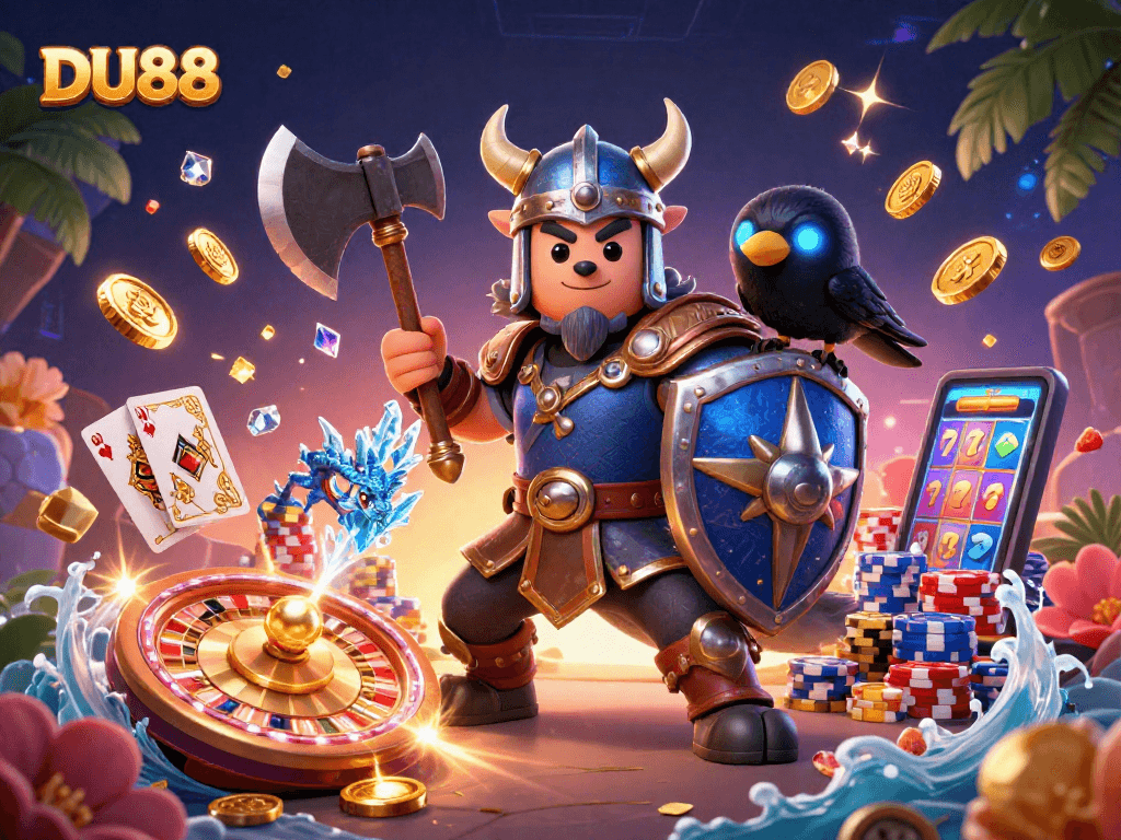 Bet sportsbook DU88 showcases a Viking wolf warrior and dragon amidst casino elements.