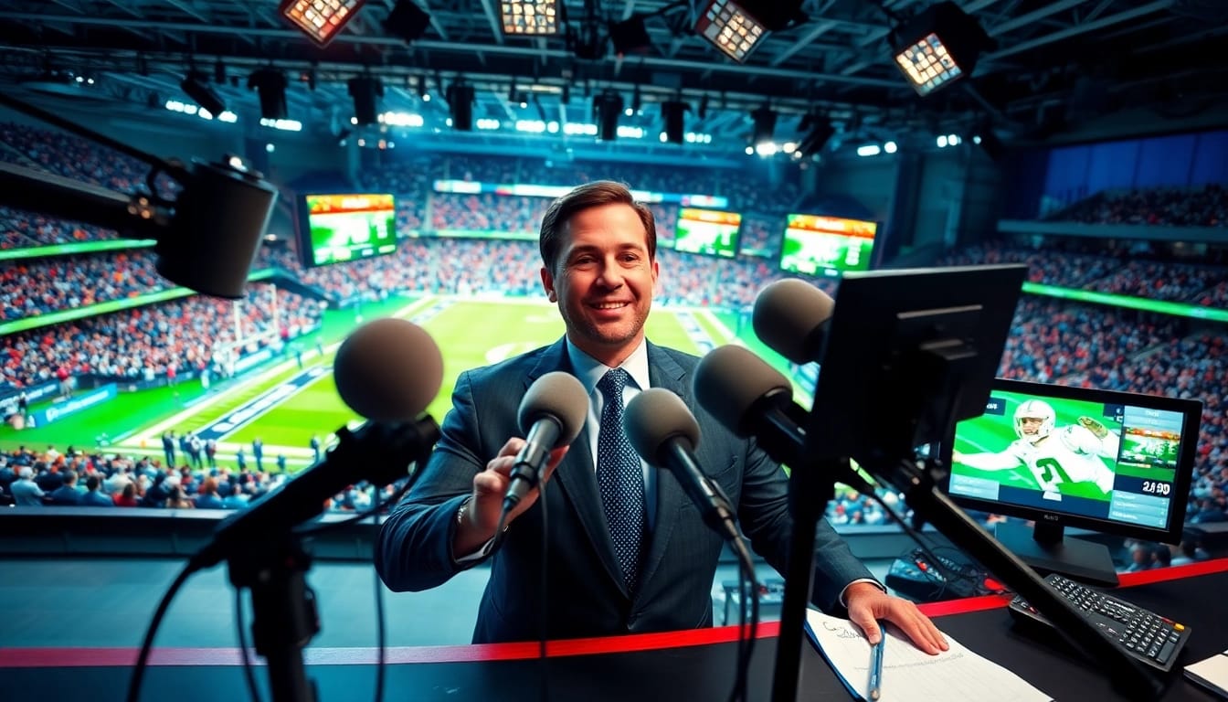 Dynamic sports broadcasting studio showcasing vibrant technology and energized commentators engaging audiences.