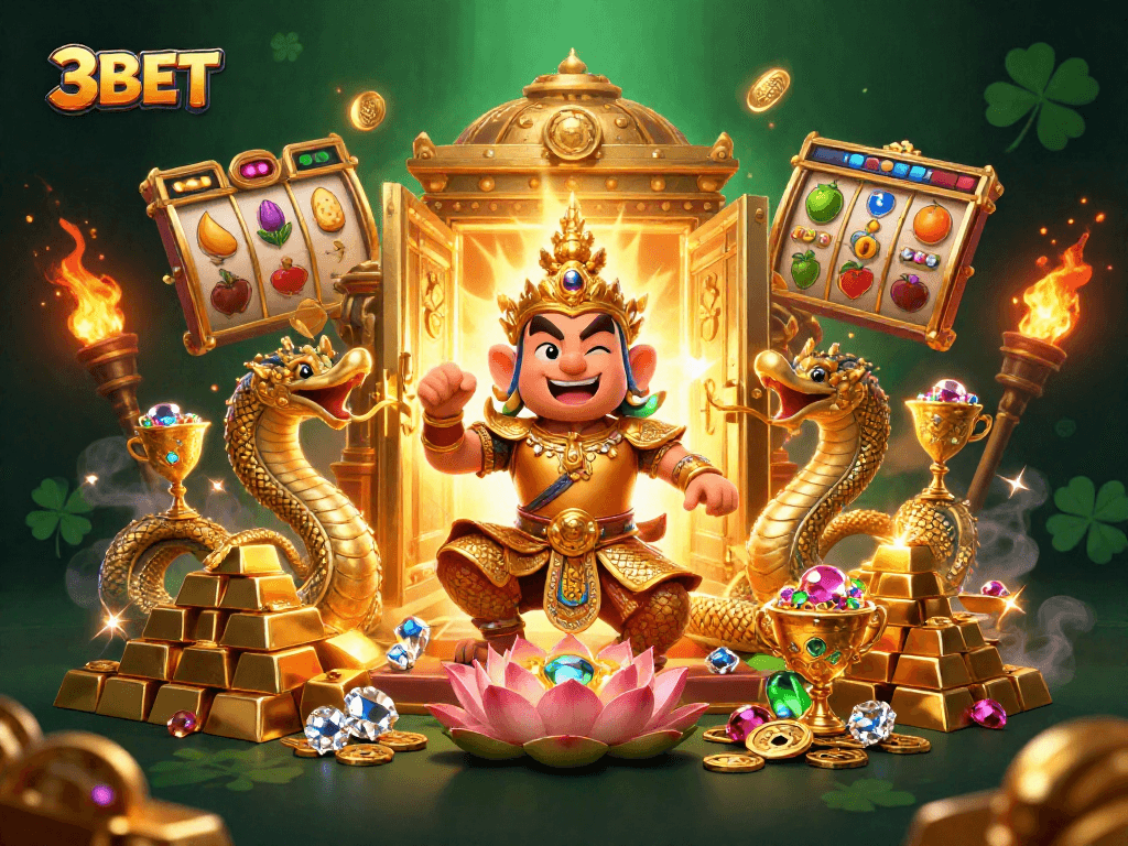 Experience the thrill of 3BET with a vibrant 3D guardian and treasures in a casino setting.