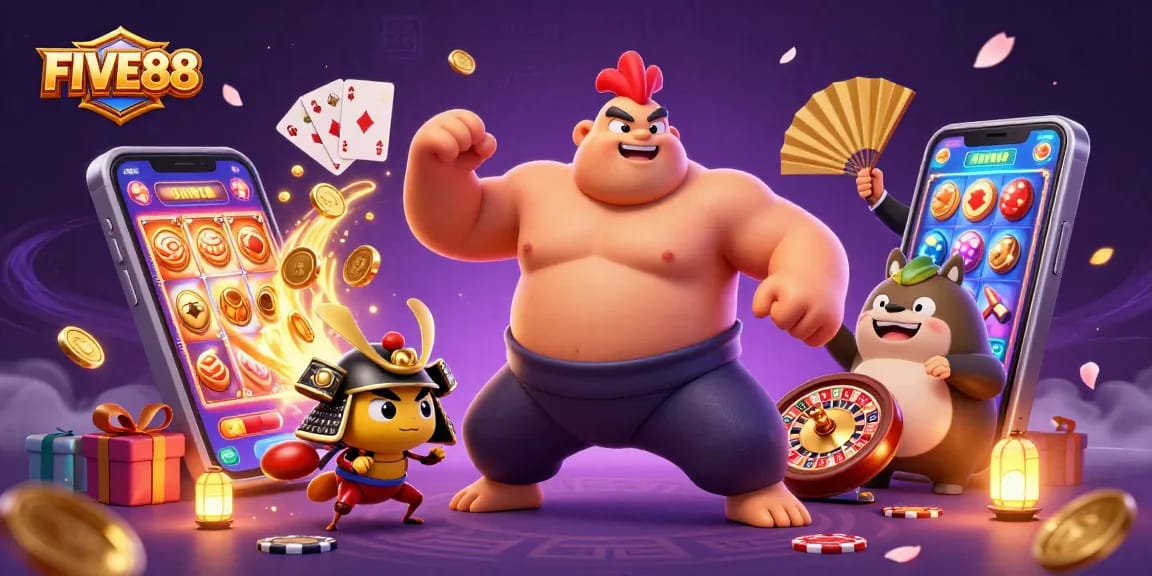 Experience the excitement of FIVE88 with dynamic casino visuals showcasing gaming elements and characters.