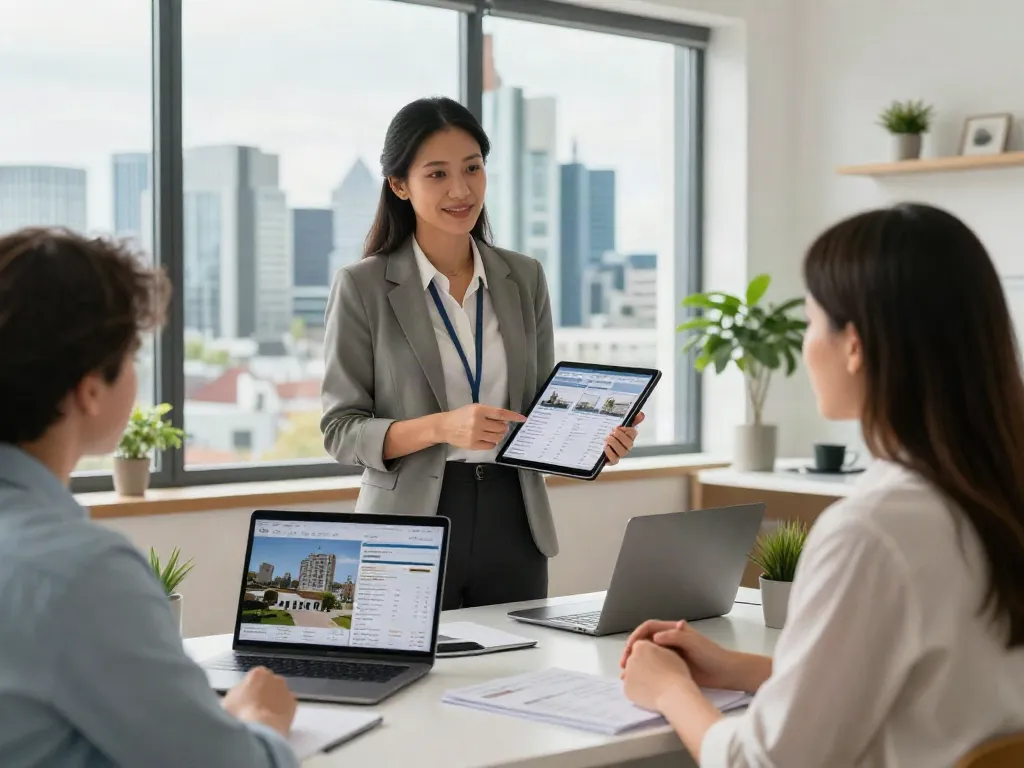 Bester Immobilienmakler Frankfurt bietet professionelle Beratung in modernem Büro mit Stadtblick.