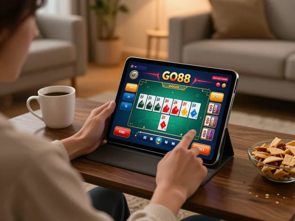Engaging in strategic GO88 gameplay on a tablet in a cozy living room, showcasing a responsible gaming environment