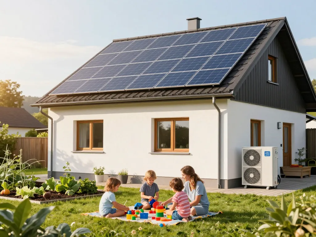 Photovoltaik Bayern - Familie genießt ihr umweltfreundliches Zuhause mit Solarpanelen und Wärmepumpe in Bayern.