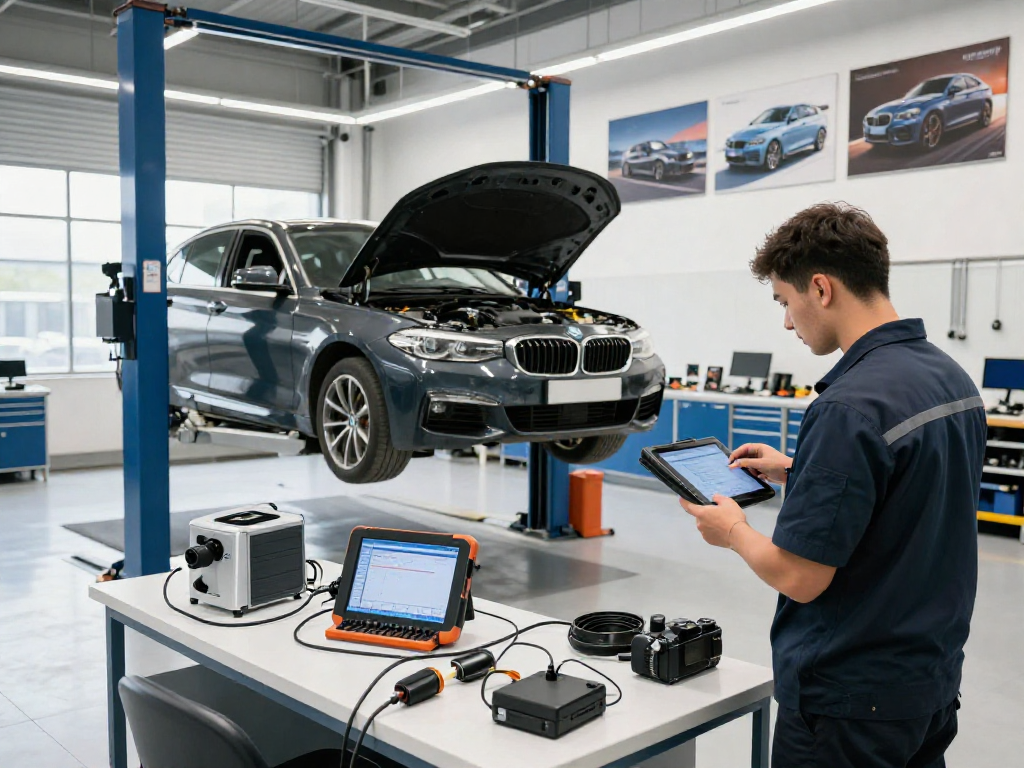 Chiptuning Hannover in einer professionellen Werkstatt mit BMW und Techniker, der ein Diagnosegerät verwendet.
