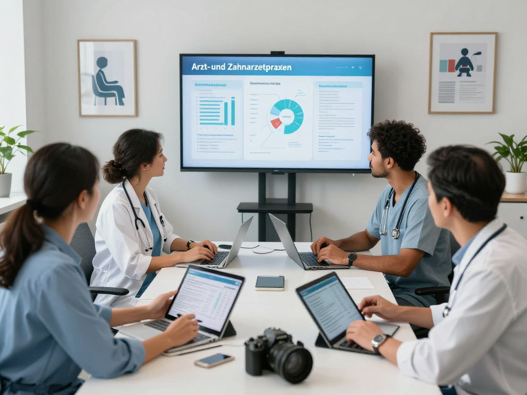 Healthcare team discussing data security and access in und Zahnarztpraxen setting, emphasizing patient protection.