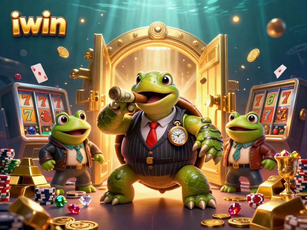 iwin casino illustration featuring a snapping turtle in a mobster suit, dynamic slot elements, and vibrant treasures.