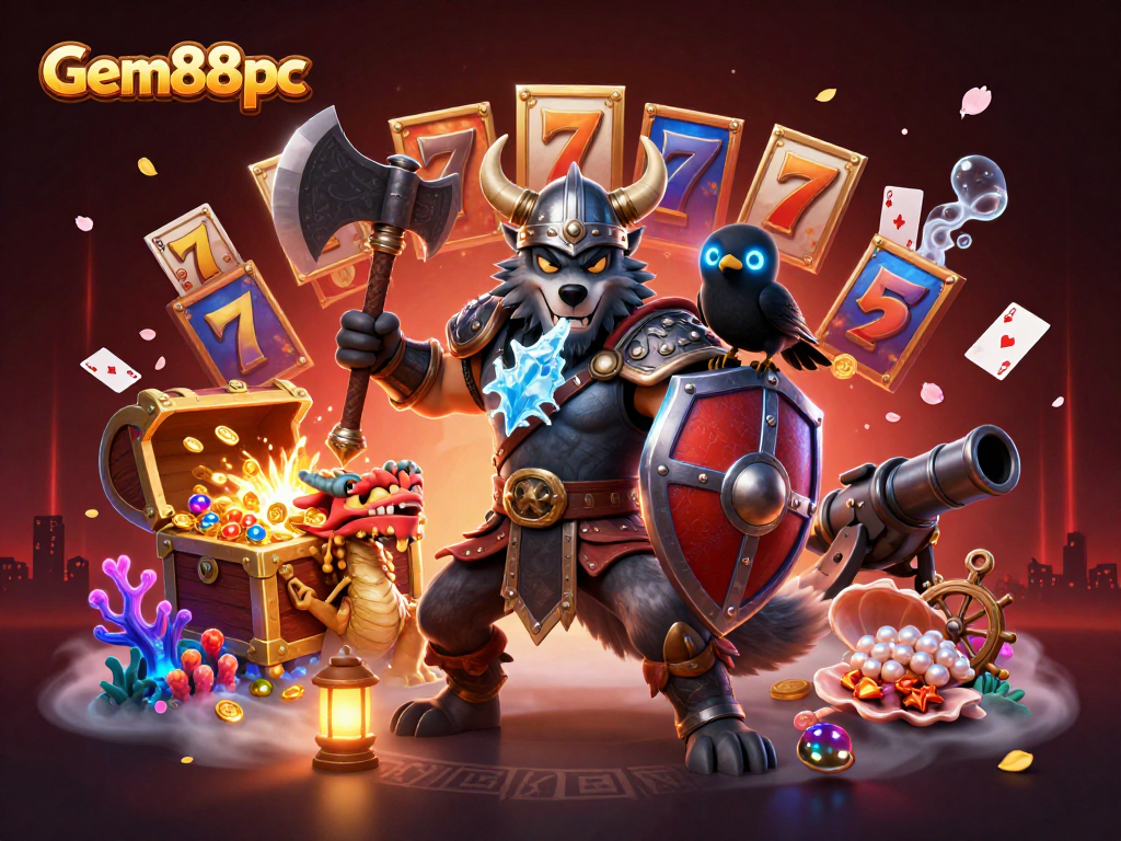 Experience thrill with gem88pc's Viking warrior and dragon amidst colorful slots and treasure.