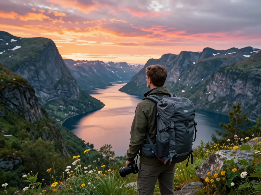 Skandinavien Reisetipps: Reisender genießt atemberaubende Ausblicke auf einen Fjord bei Sonnenuntergang.