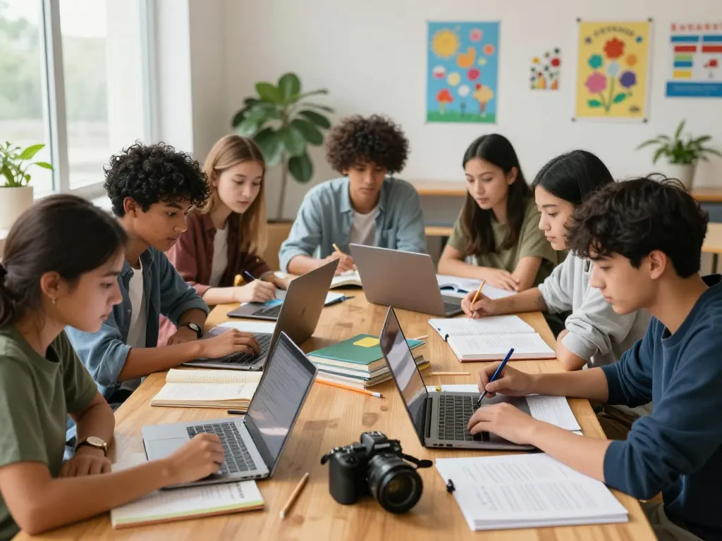 Studierende arbeiten gemeinsam an Hausaufgaben mit Laptops und Büchern in einem hellen Lernraum.