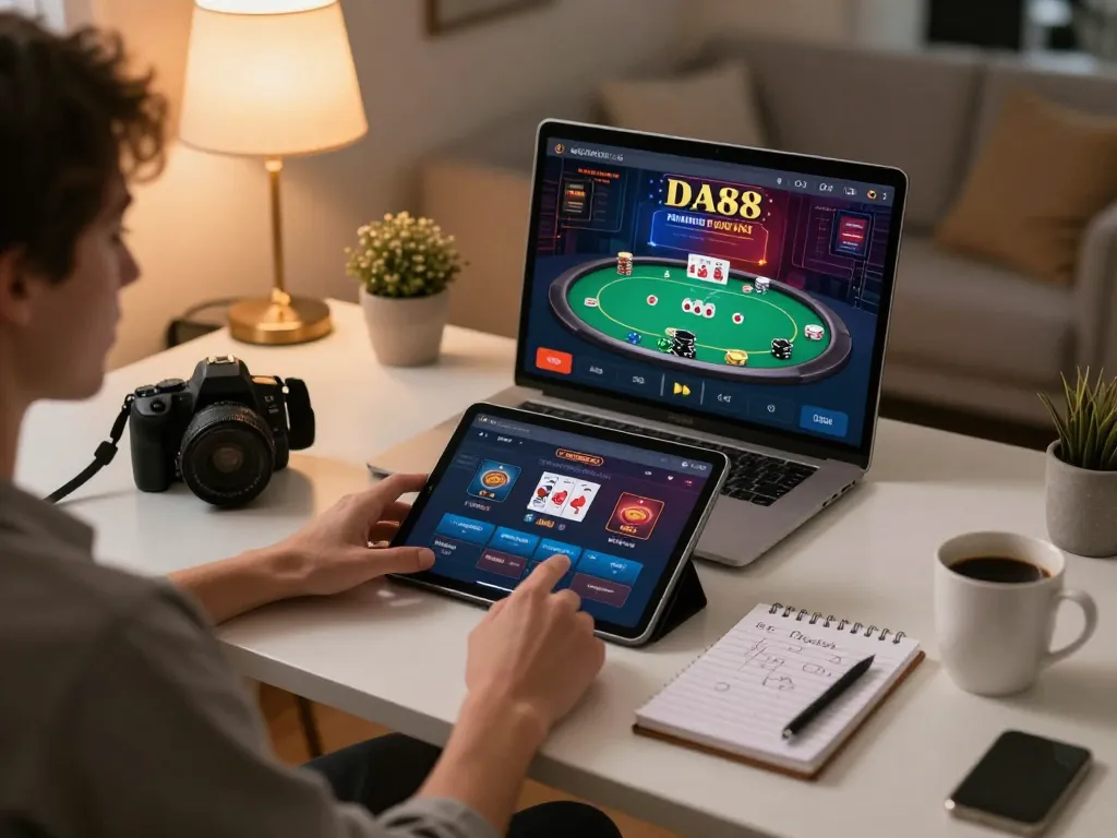 Person playing DA88 casino app on tablet in a stylish home office, focusing on poker strategies.