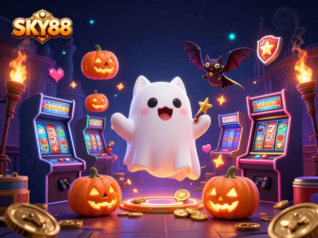 Experience the thrilling world of SKY88 with a playful ghost cat and vampire bat in a haunted casino setting.