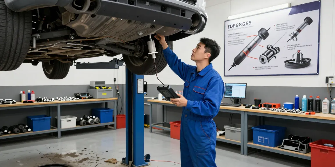 Mechaniker bei der DPF-Reinigung Inspektion in einer Werkstatt mit Werkzeugen