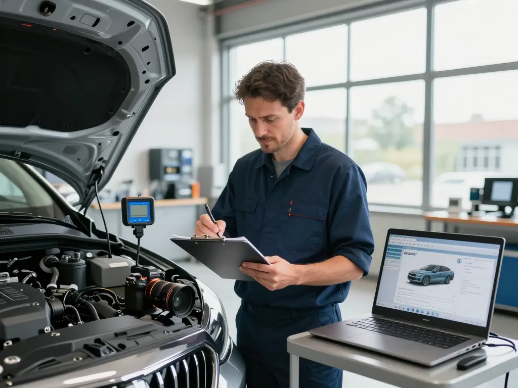 Kfz Sachverständiger Bonn bewertet ein Fahrzeug in einer hellen Automobilwerkstatt
