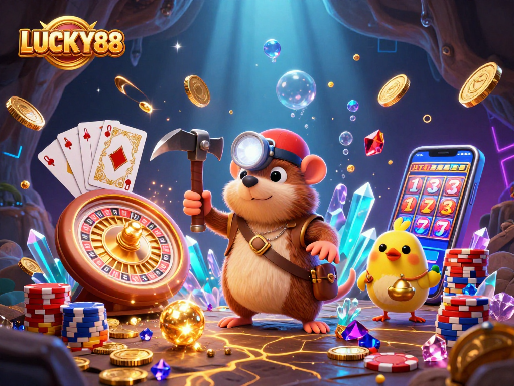LUCKY88 showcases the treasure hunter mole and canary in a vibrant casino adventure.