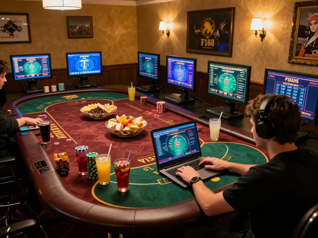 Engaging gameplay at F168 online casino with vibrant poker table and multiple screens