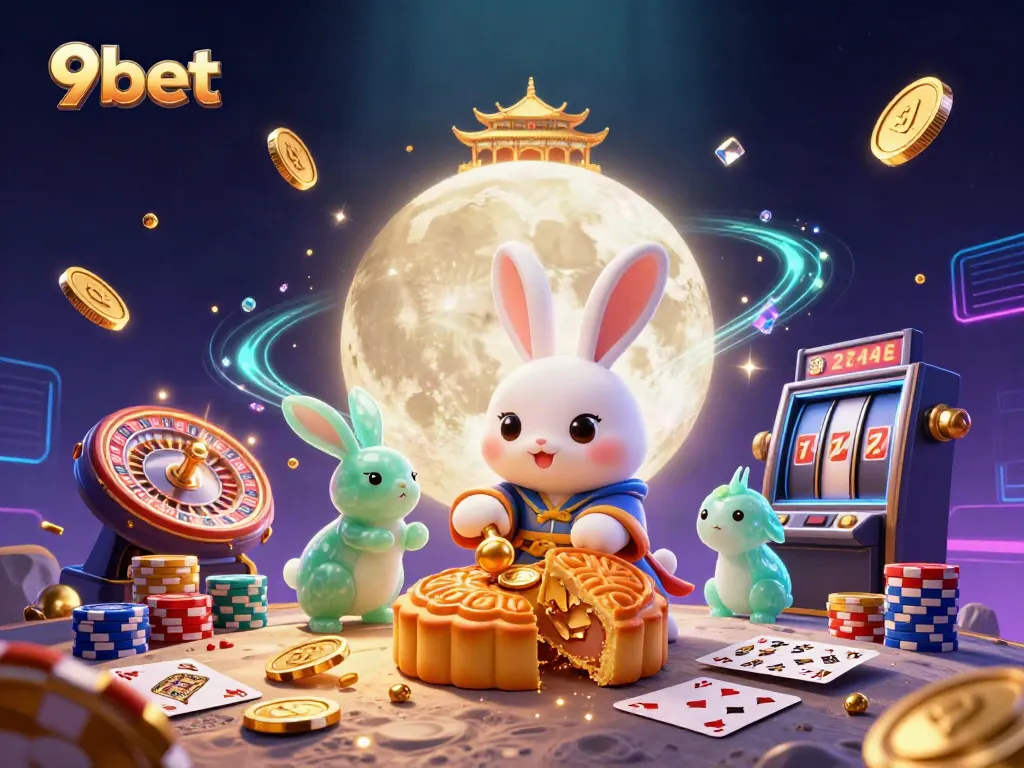 Experience thrilling moments at 9bet with a vibrant illustration of a moon rabbit and casino elements.