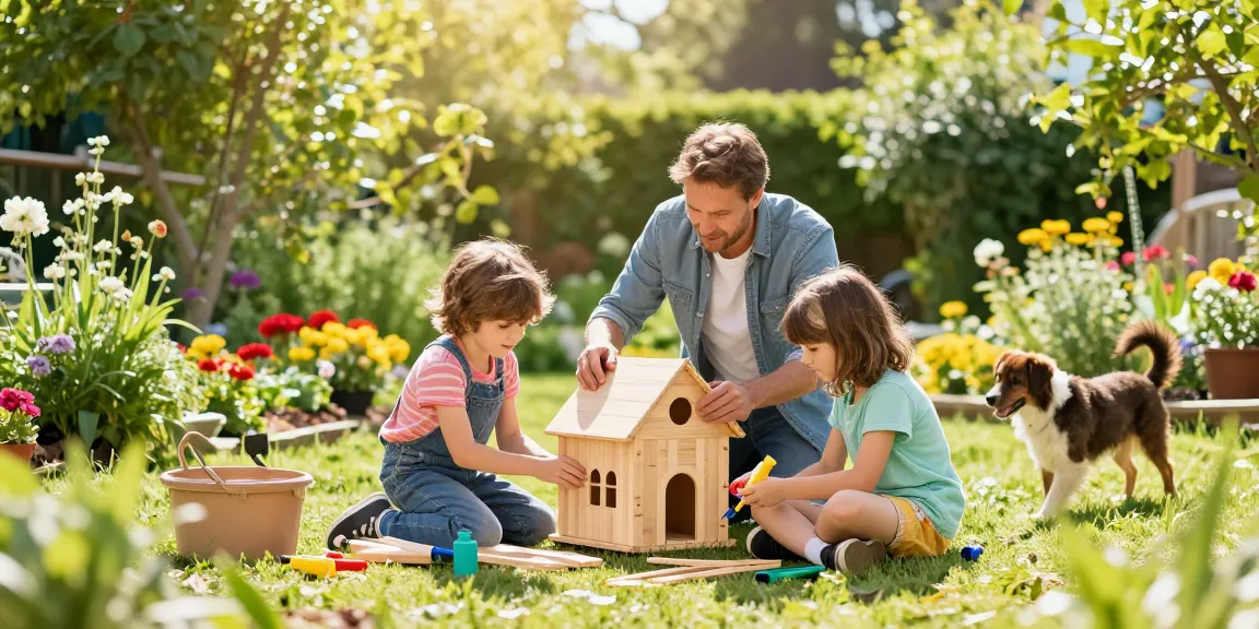 Gartenhaus kaufen: Familie baut gemeinsam ein Holz-Gartenhaus im sonnigen Garten.