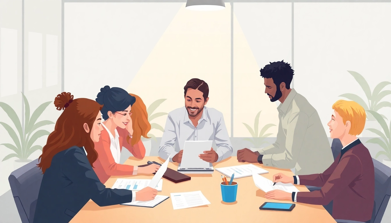 Illustration depicting the process of pflegedienst gründen, highlighting teamwork and paperwork in a warm office environment.