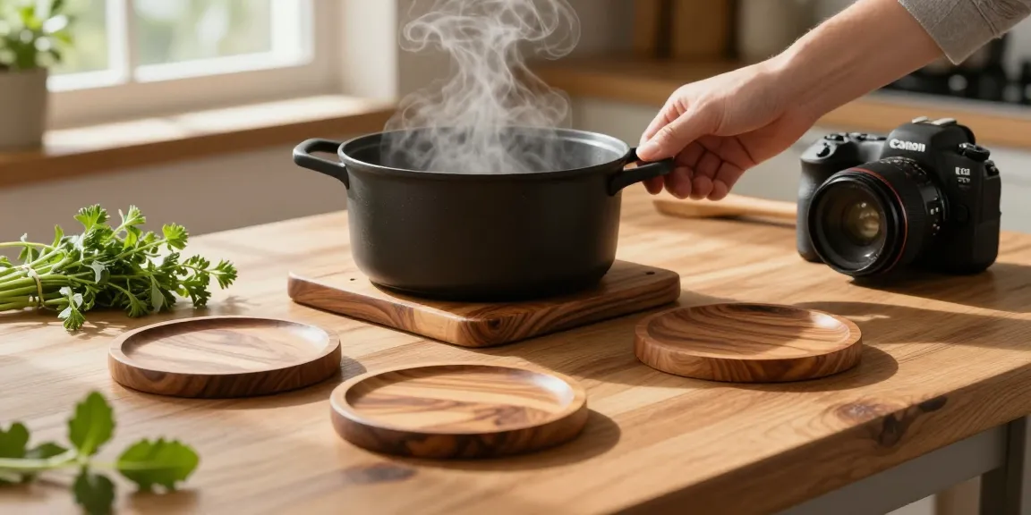 Praktische Topfuntersetzer aus Holz auf einem rustikalen Küchentisch, ideal für heiße Töpfe.