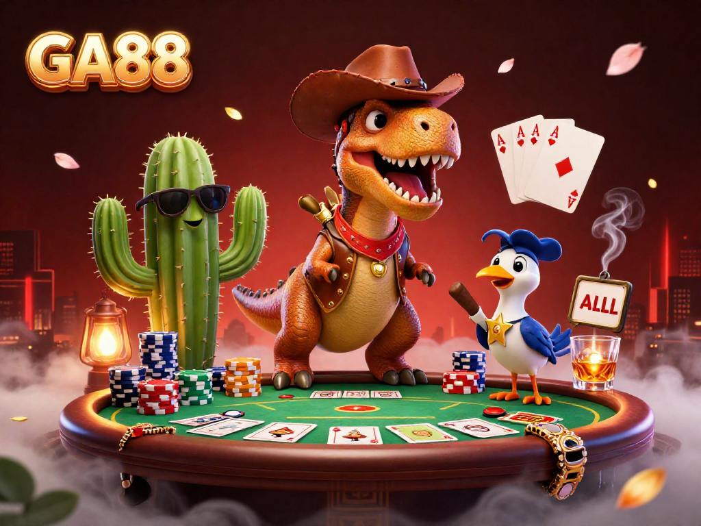 Engage in the thrilling world of GA88 poker with a 3D cartoon scene of a T-Rex and friends.