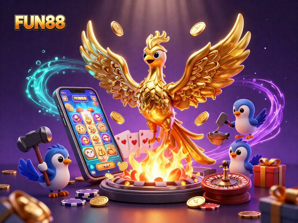 Experience thrilling slot action with FUN88 as the golden phoenix soars, revealing exciting gameplay.
