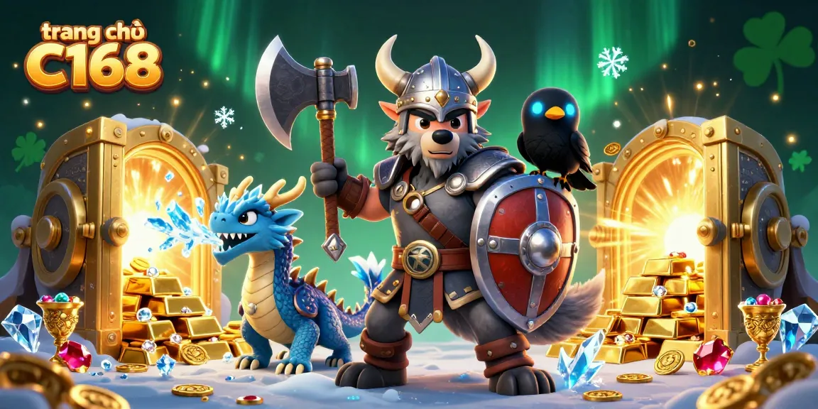 Engage with the excitement of trang chủ C168 as a Viking wolf warrior claims treasure in this dynamic 3D illustration.