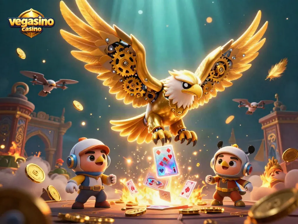 Experience thrilling gameplay at vegasino casino with a cybernetic eagle amidst playing cards.