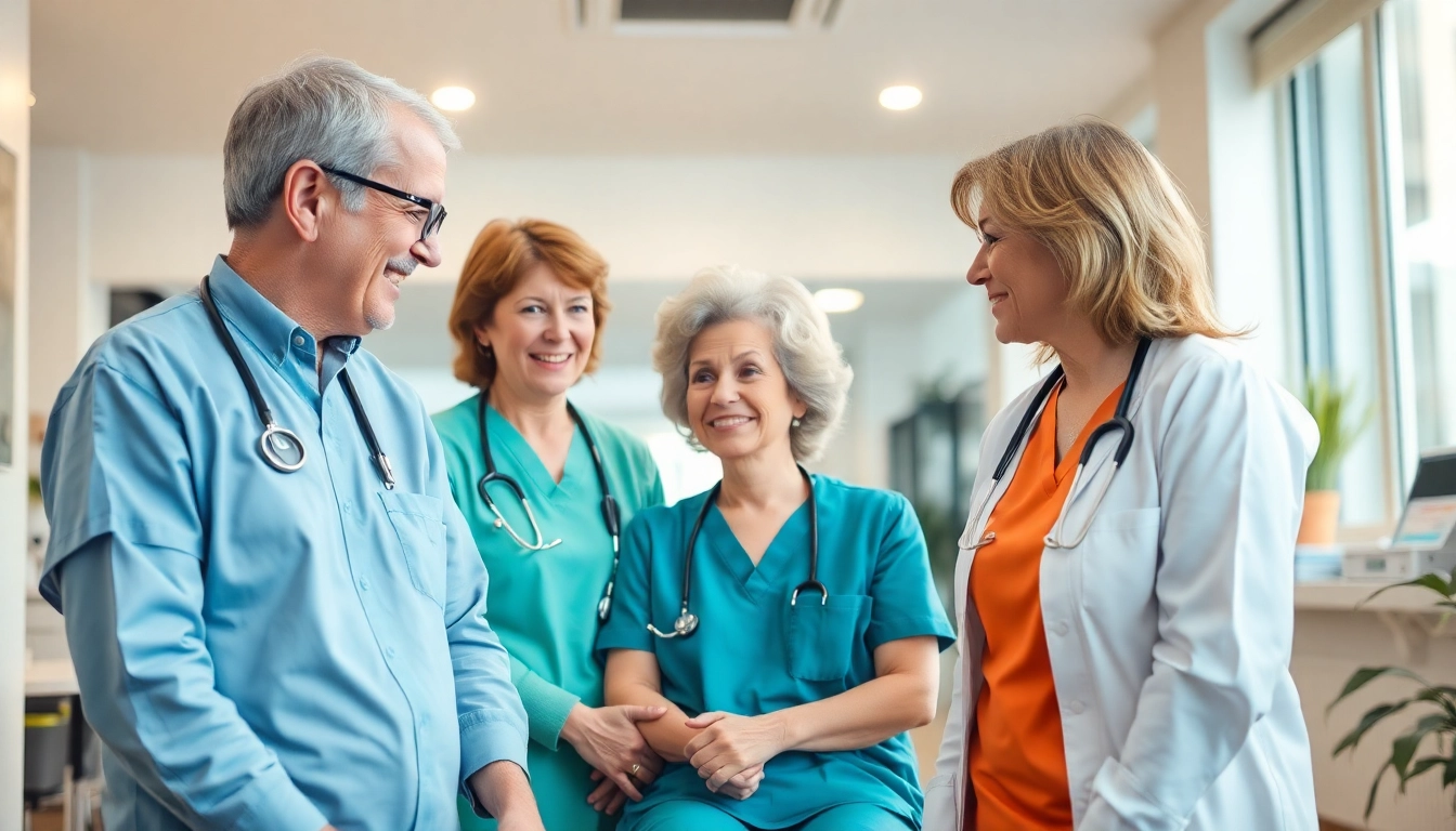 Professionelle pflegedienst werbung zeigt freundliche Pflegekräfte, die mit Patienten interagieren.