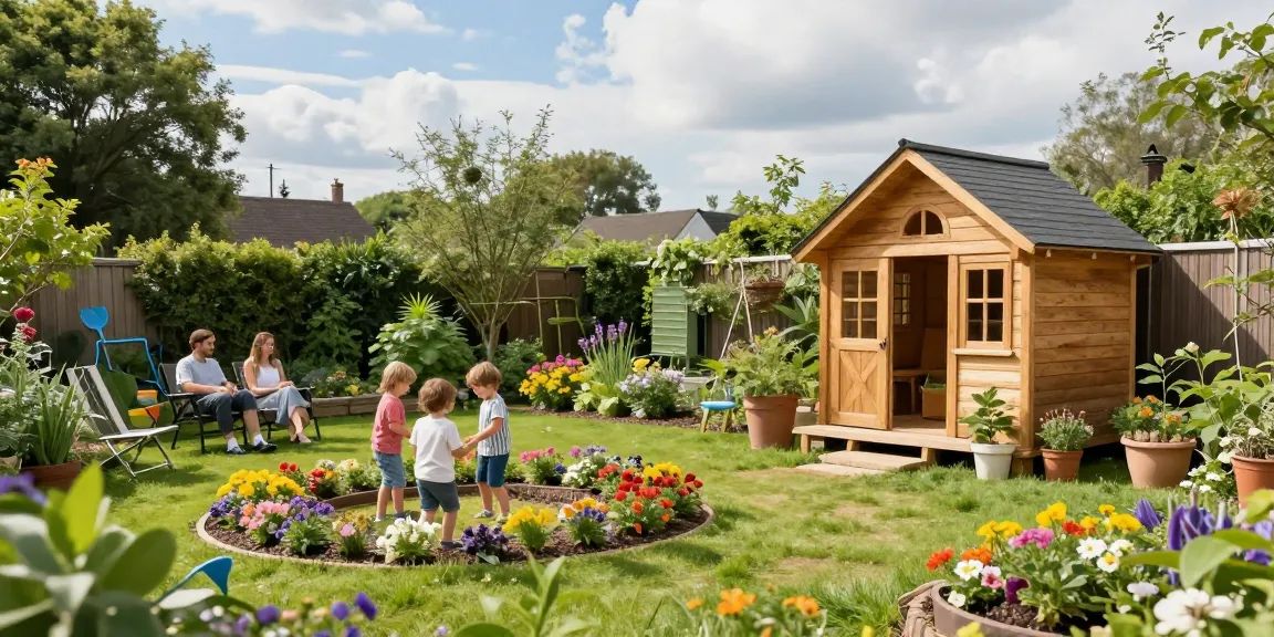Gartenhäuser von McGarden24 in einem familienfreundlichen Garten mit bunten Blumen und Spielbereich.