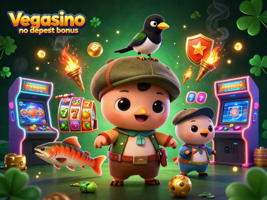 Engage with the vegasino no deposit bonus through a vibrant and playful casino-themed illustration.