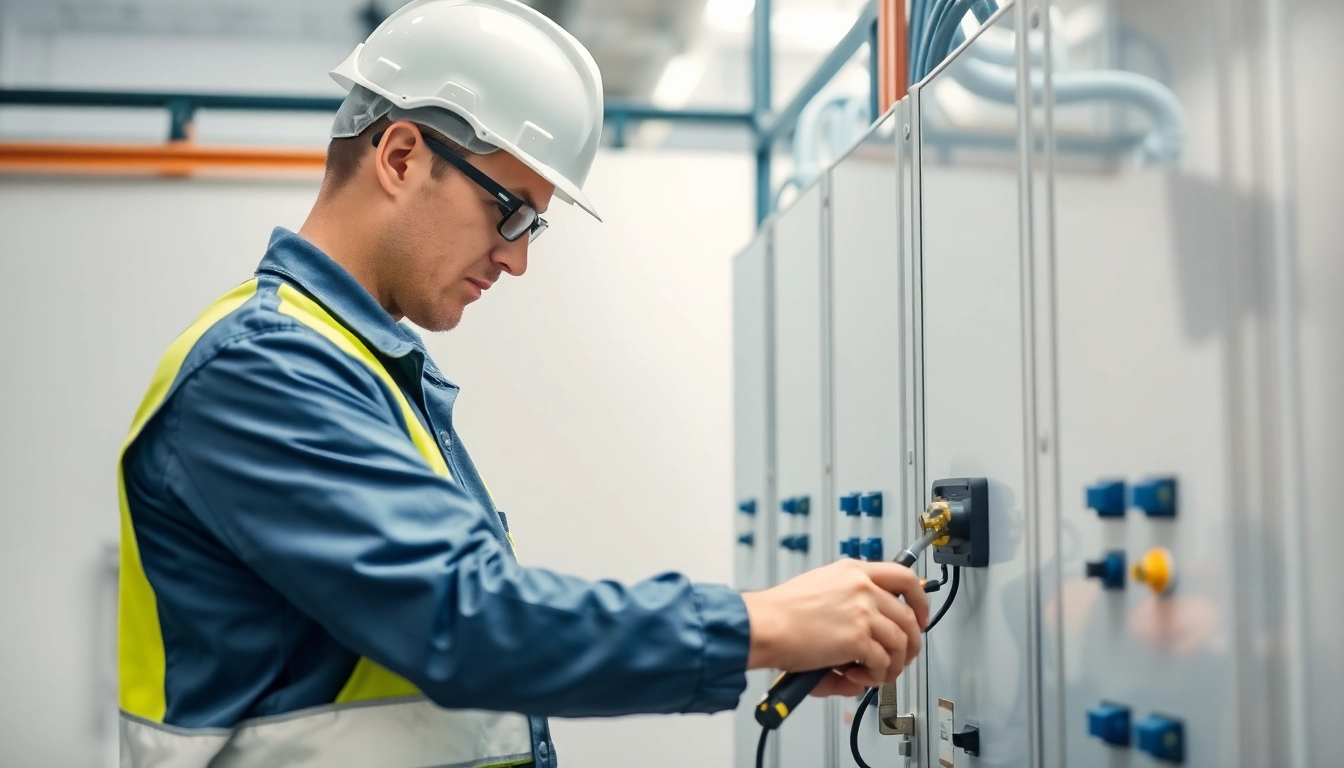 Electrician performing DGUV V3 Prüfung on electrical equipment in a modern setting, ensuring workplace safety.