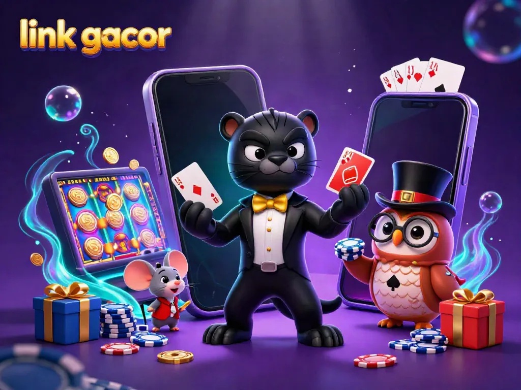 Experience exciting wins with link gacor as a stylish cartoon black panther deals cards in a vibrant casino scene.