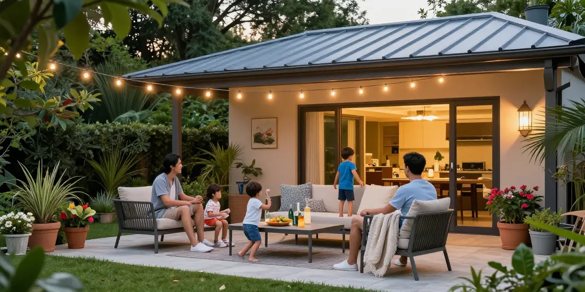 Moderne Terrassenüberdachungen im Garten mit Familie, die Zeit im Freien genießen.