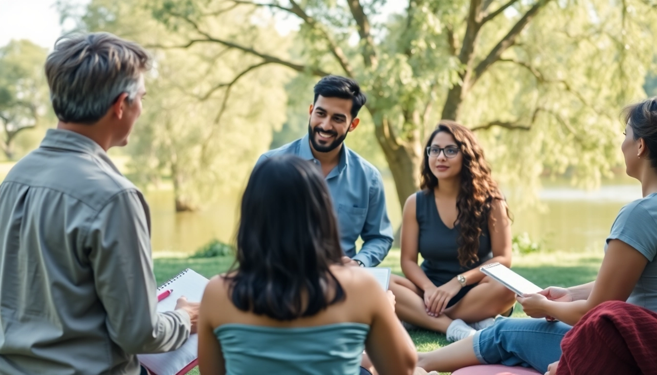 Enhancing emotional wellbeing through group therapy in a serene outdoor environment.
