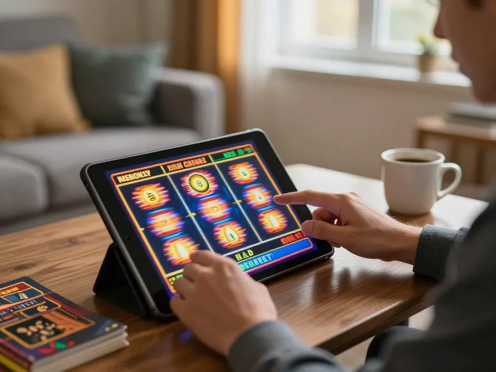Player enjoying a slot game on tablet, highlighting 79King's vibrant online casino experience