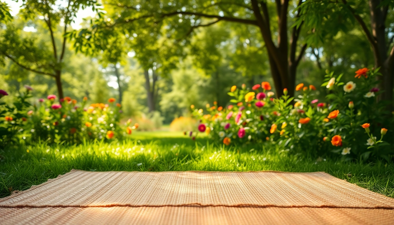 Erlebnis mit Hanfmatte im grünen Garten, ideal für Entspannung und Naturliebe.
