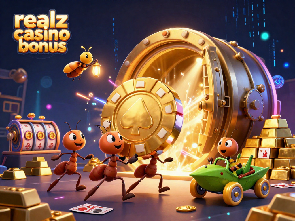 Ändern Sie den Realz Casino Bonus mit einer 3D-Illustration des Casino-Heists mit Ameisen, die einen riesigen Pokerchip tragen.
