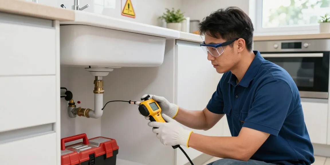 Professioneller Techniker überprüft mit einem Propan Lecksuchgerät die Gasleitungen in einer modernen Küche.